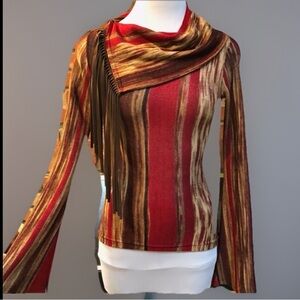 Striped Red & Brown Fringe-Accent Women's Blouse